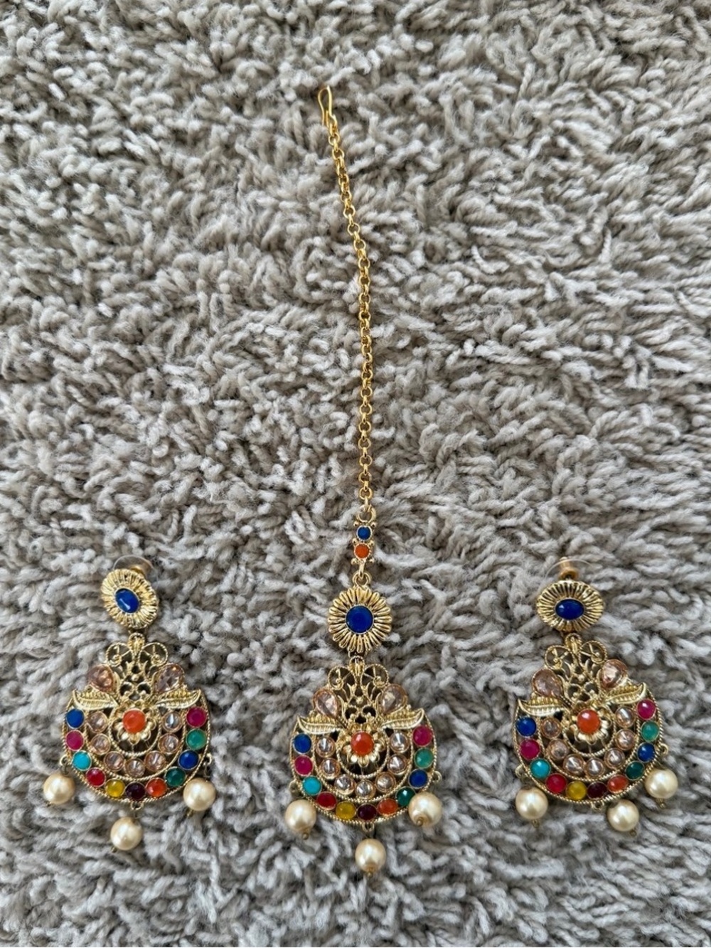 Gold-Tone Multicolor Stone Drop Earrings with Maang Tikka - Blue & Multicolor